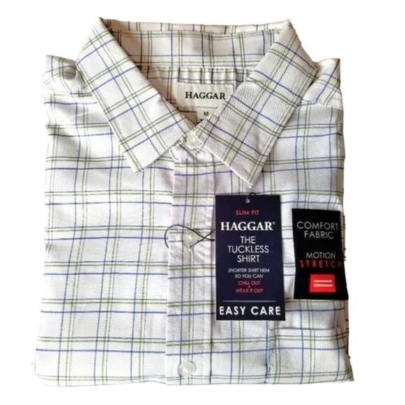 Haggar Tuckless Moisture Wicking Slim Fit White Plaid Shirt Size Medium - Picture 1 of 8